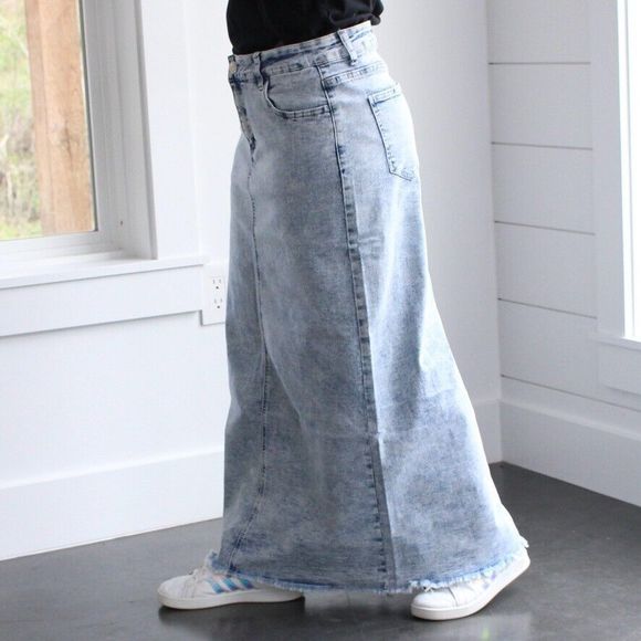 NWT Be-Girl Long Modest Acid Jean Skirt Sz Medium Sand Blush Maxi Stretch Denim - Picture 10 of 14